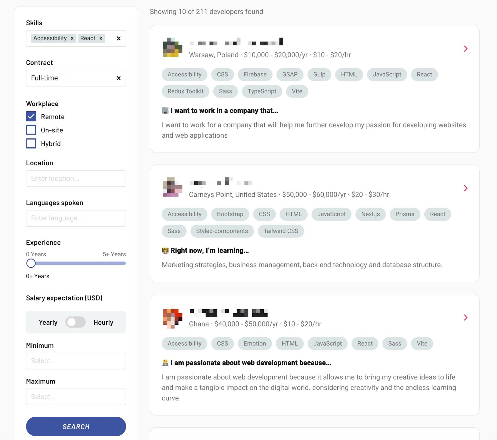 Search results in a tech hiring platform.