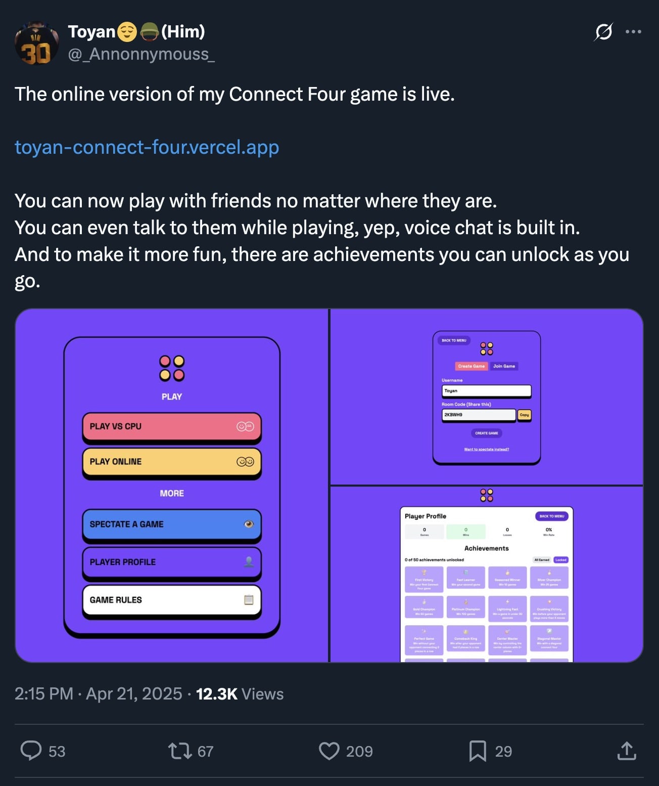 George's X/Twitter post sharing his Connect Four game with his network.