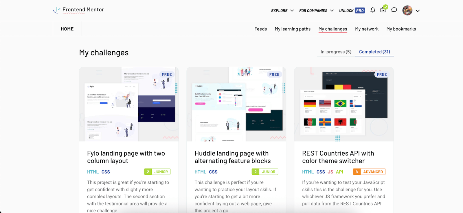 Frontend Mentor screenshot showing Karishma has completed 31 coding challenges