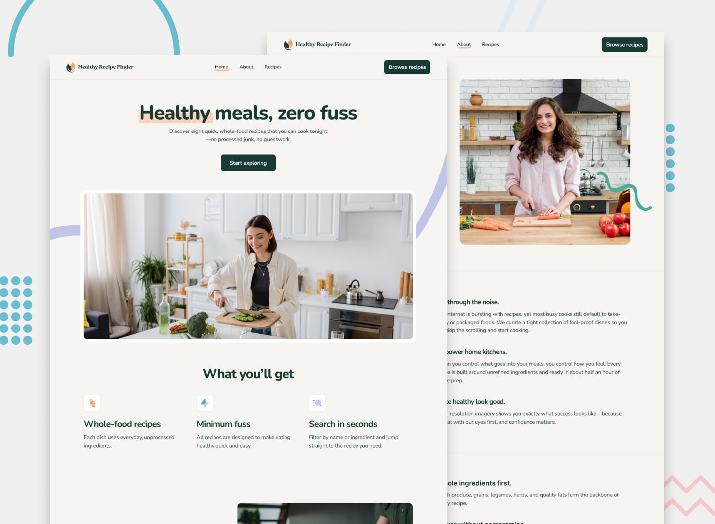 Desktop design preview of the homepage and about page