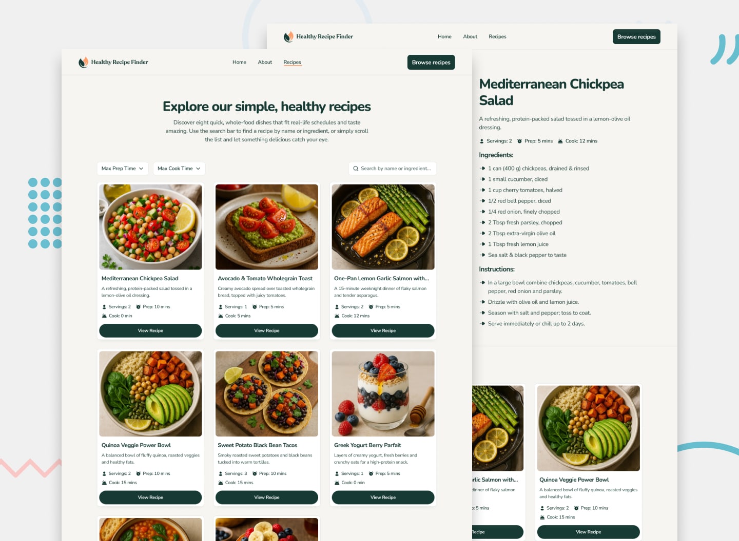 Desktop design preview of the recipes index and detail pages
