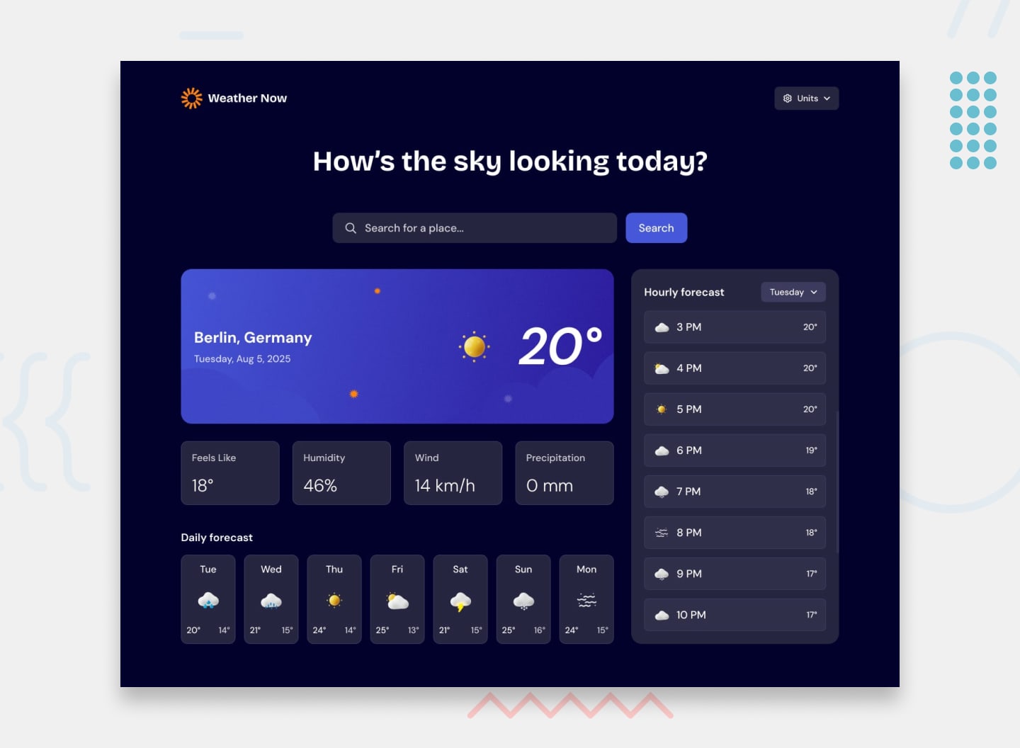 Design preview of the weather app challenge