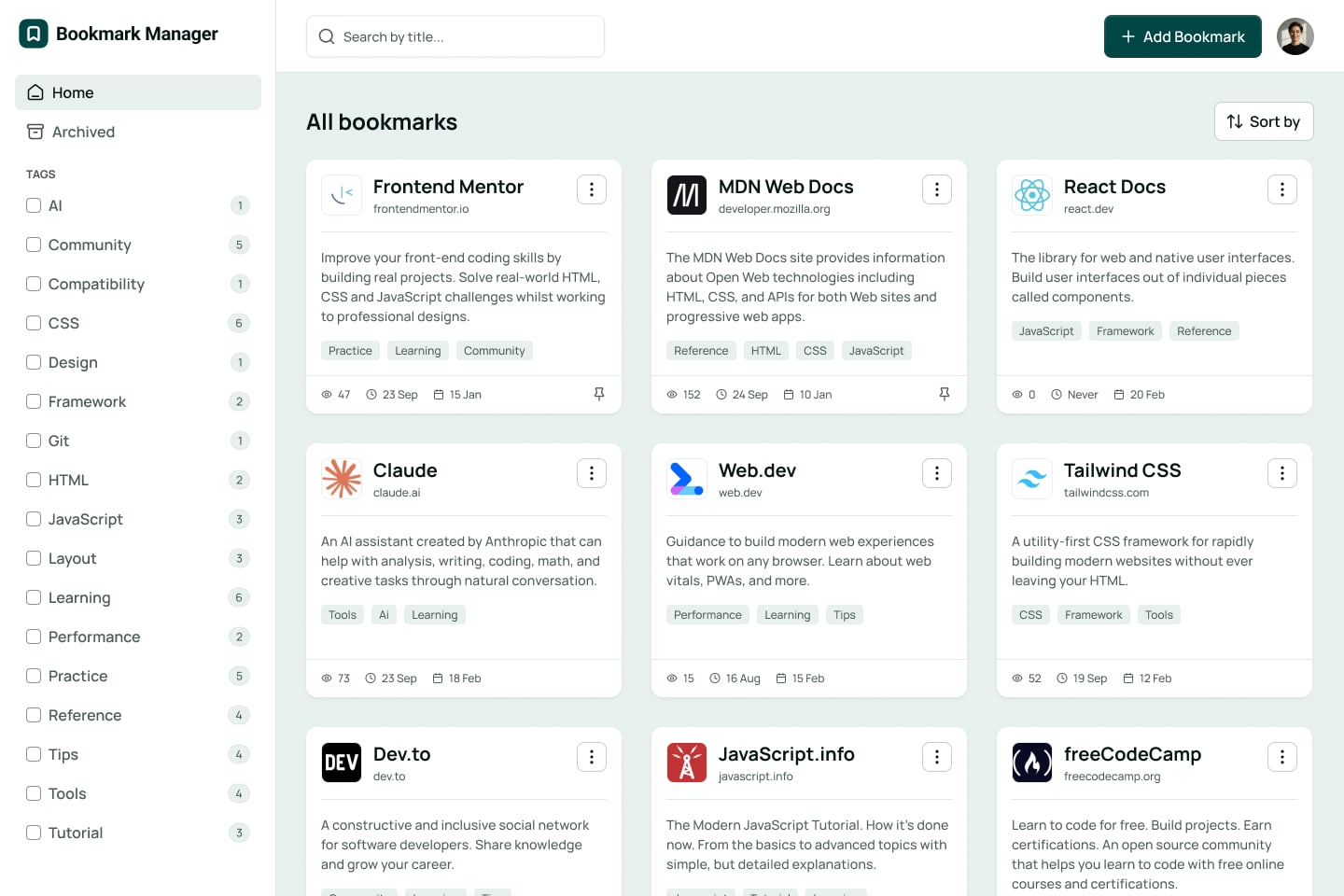 The main bookmark view in the light color theme