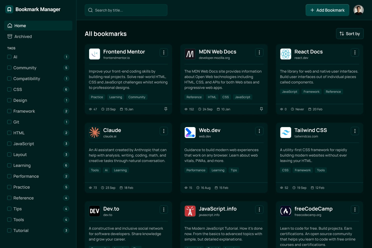 The main bookmark view in the dark color theme