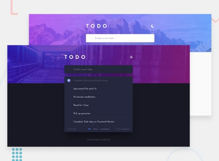 Todo app interface showing task list with light and dark mode themes