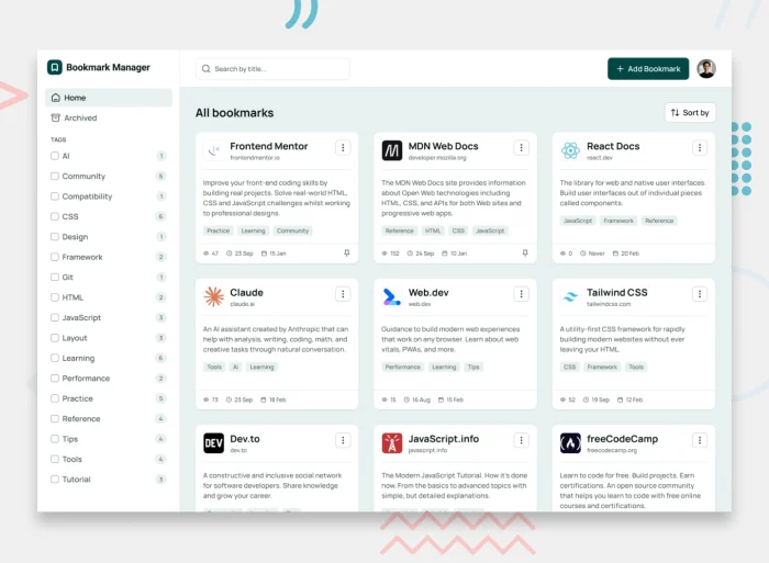 Bookmark manager app with tag filtering and search functionality