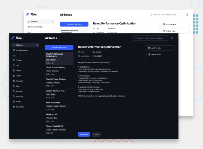 Note-taking web app with markdown editor and tag organization