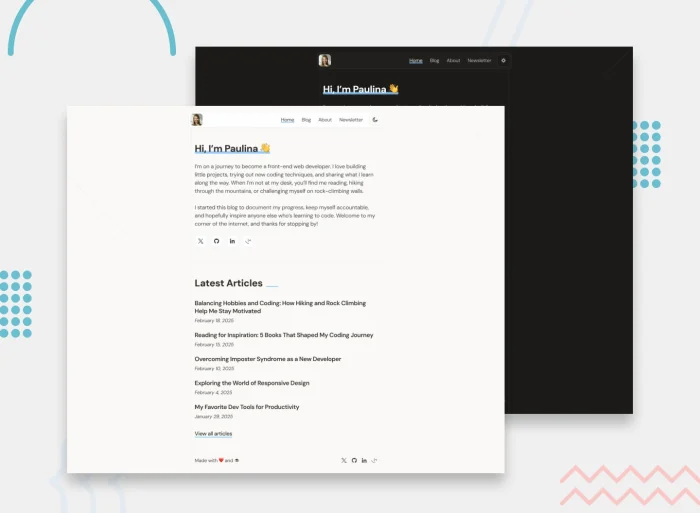 Personal blog homepage with article listings and newsletter signup