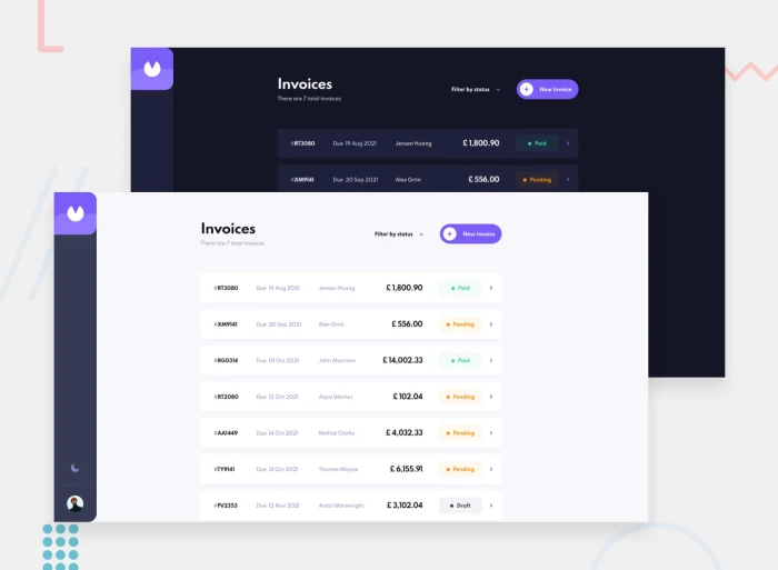 Invoice app interface showing invoice list