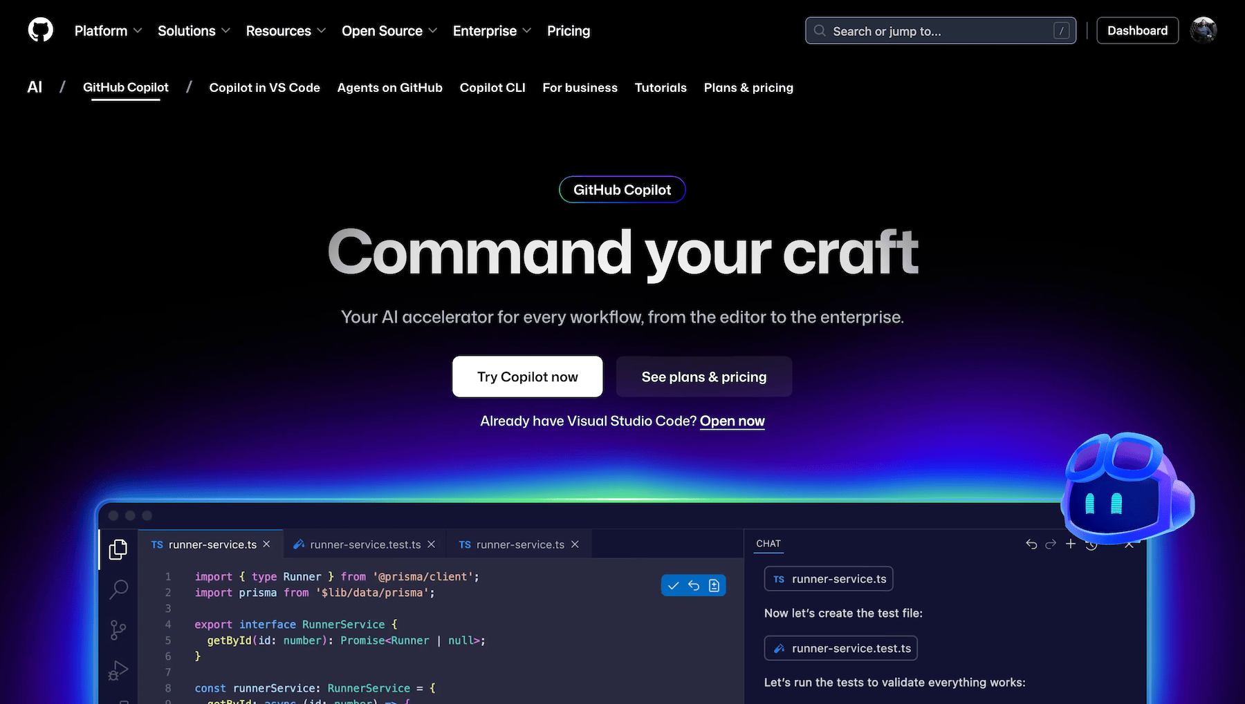 GitHub Copilot product page with the heading "Command your craft"