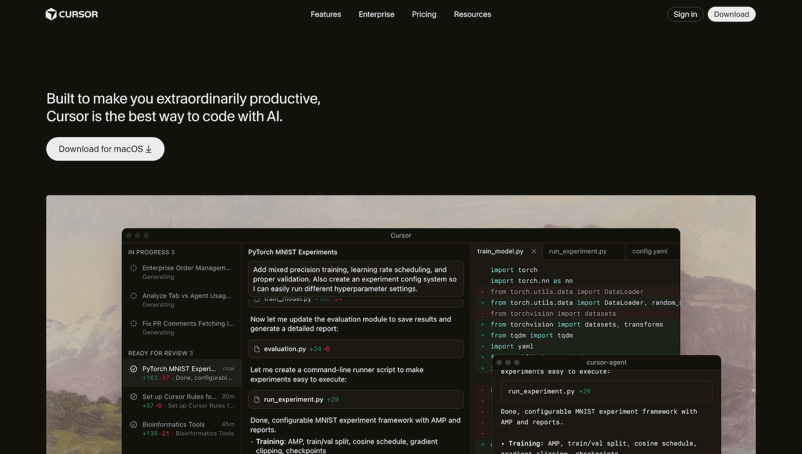 Cursor homepage screenshot with the heading "Built to make you extraordinarily productive, Cursor is the best way to code with AI."