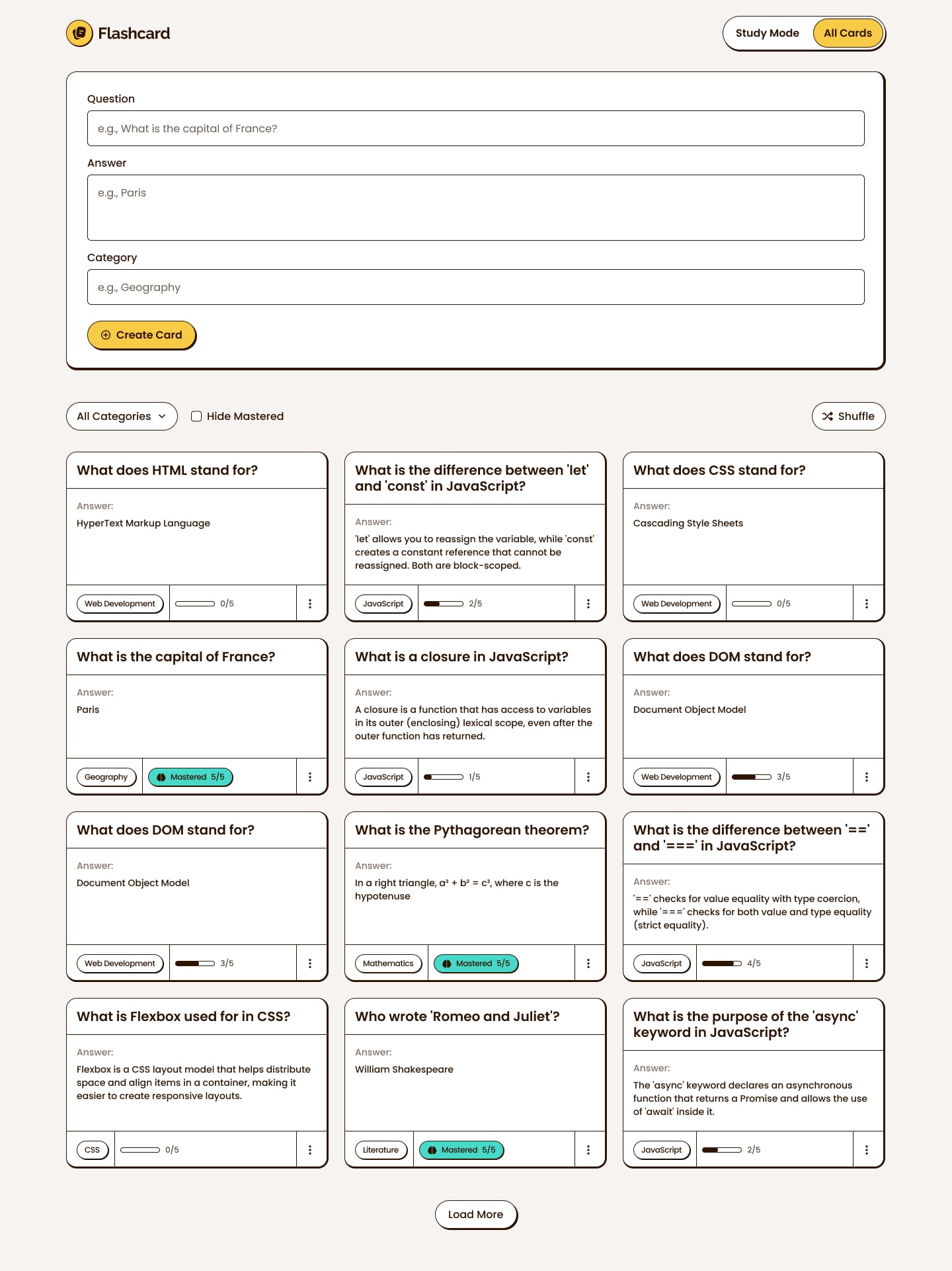 The All Cards screen of the Flashcard App showing the flashcard form and a list of flashcards below