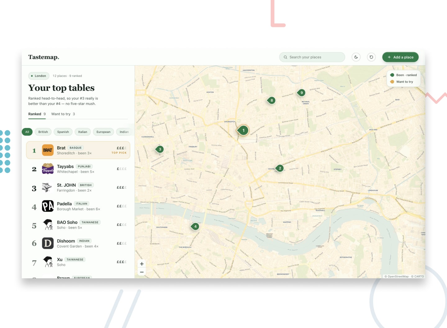 Design concept for the restaurant ranking app product challenge