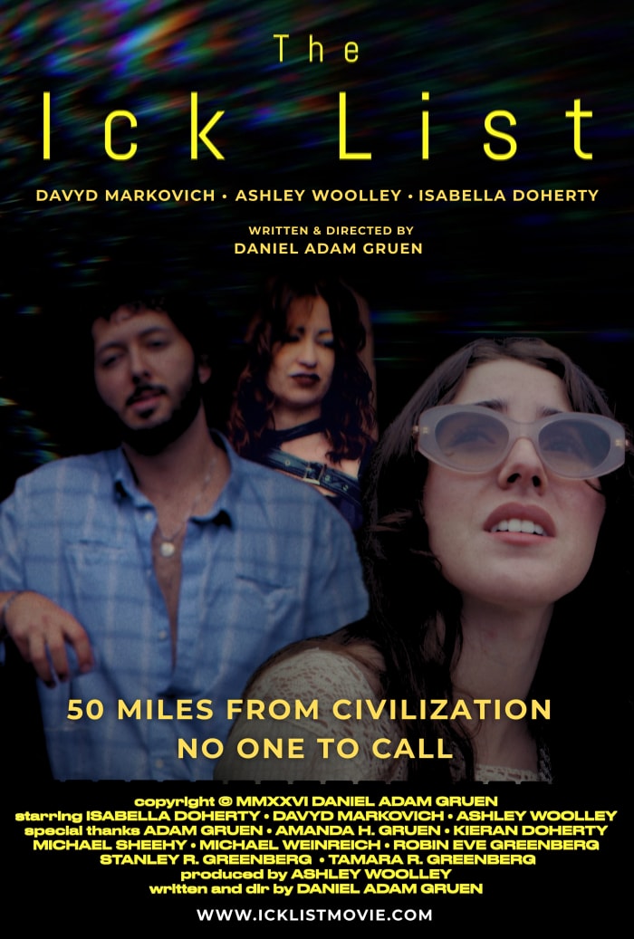 Poster for The Ick List: three figures in near-darkness under streaked light.