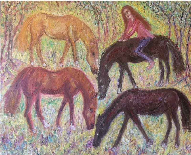 Horses and Robin — Oil on Canvas, 24