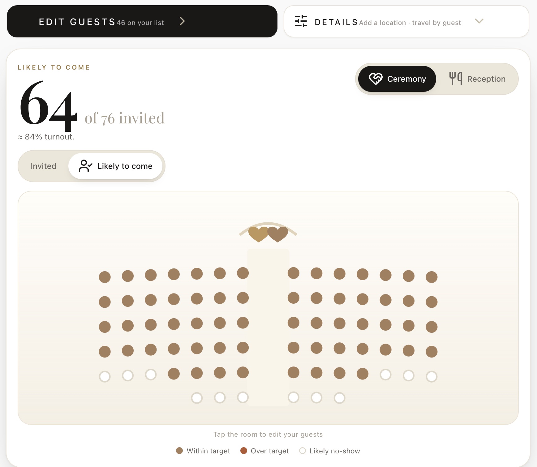 The results screen shows your attendance estimate beside a ceremony visualizer, with likely no-shows in white and any seats over your target in red.