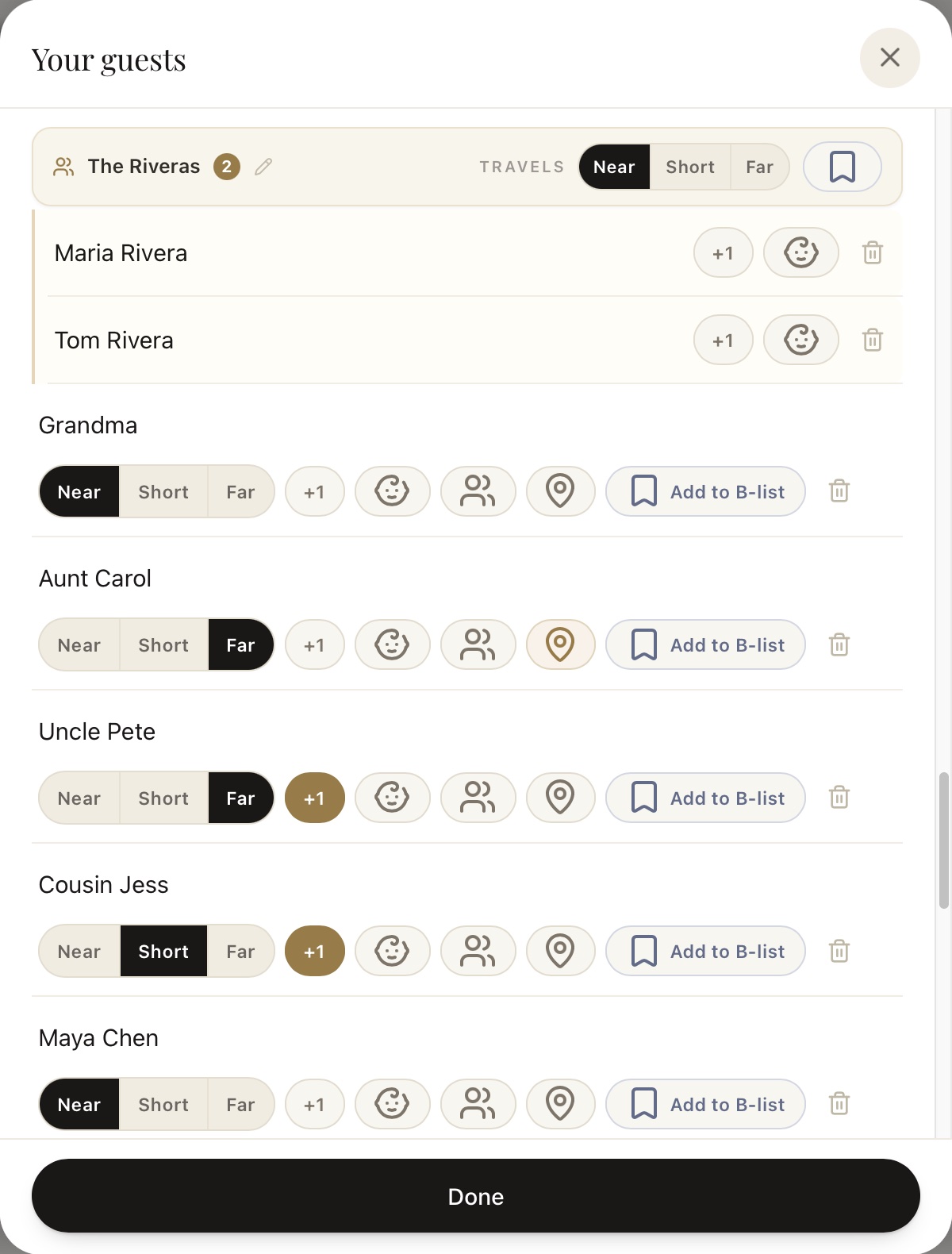 In the guest list editor, every name has one-tap controls for a plus-one or a child, plus a button to hold anyone on the B-list.