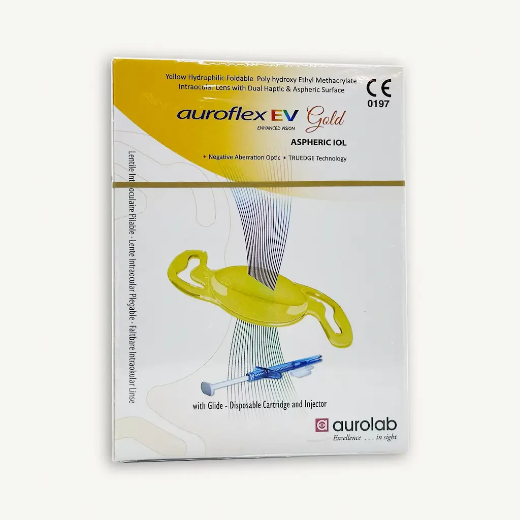 LENTE AUROFLEX EV GOLD, ASFERICA, HIDROFILICA DE 1 PIEZA, CON FILTRO AMARILLO, CON INYECTOR, MARCA AUROLAB
