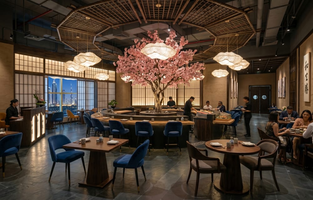Inside Hanami — sushi counter beneath the cherry blossom tree