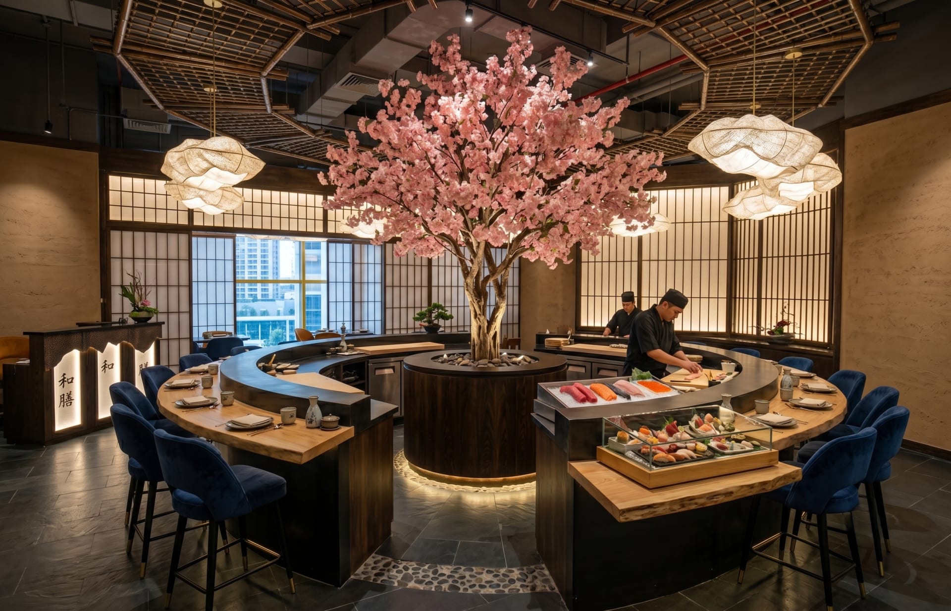 Hanami dining room beneath the cherry blossom