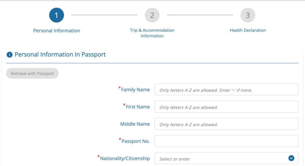 Écran 1 du TDAC : étapes Personal Information, Trip & Accommodation Information, Health Declaration, puis champs Family Name, First Name, Middle Name, Passport No. et Nationality/Citizenship