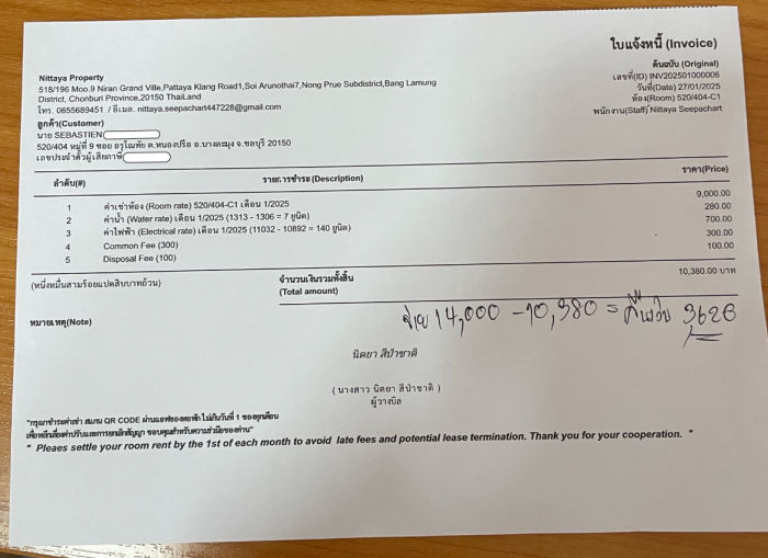 Facture Nirun Grand Ville — Janvier 2025 : loyer 9 000 bahts + charges
