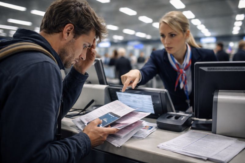 Voyageur stressé au comptoir d'enregistrement d'un aéroport européen sans billet retour