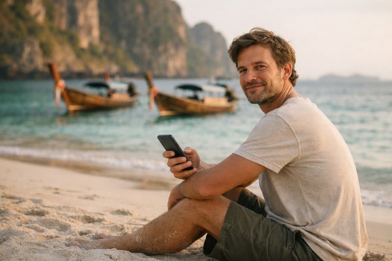 Voyageur détendu sur une plage de Thaïlande avec son téléphone