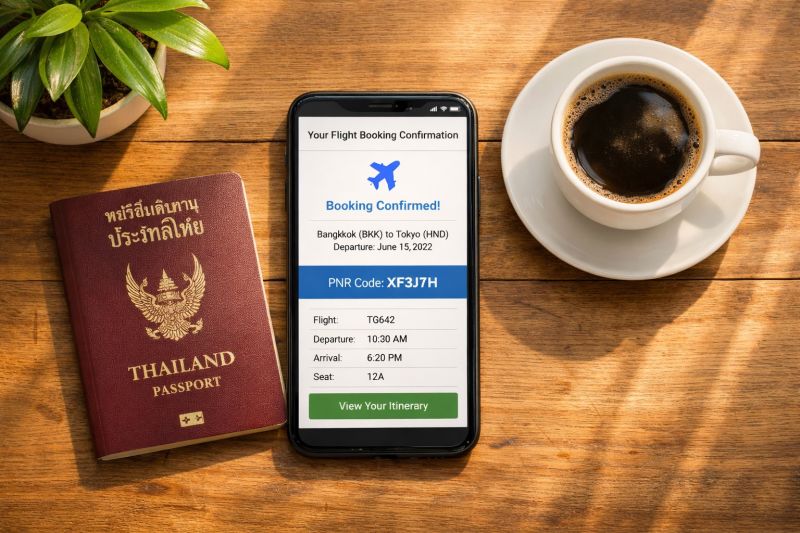 Réservation de vol OneWayFly avec code PNR sur smartphone à côté d'un passeport