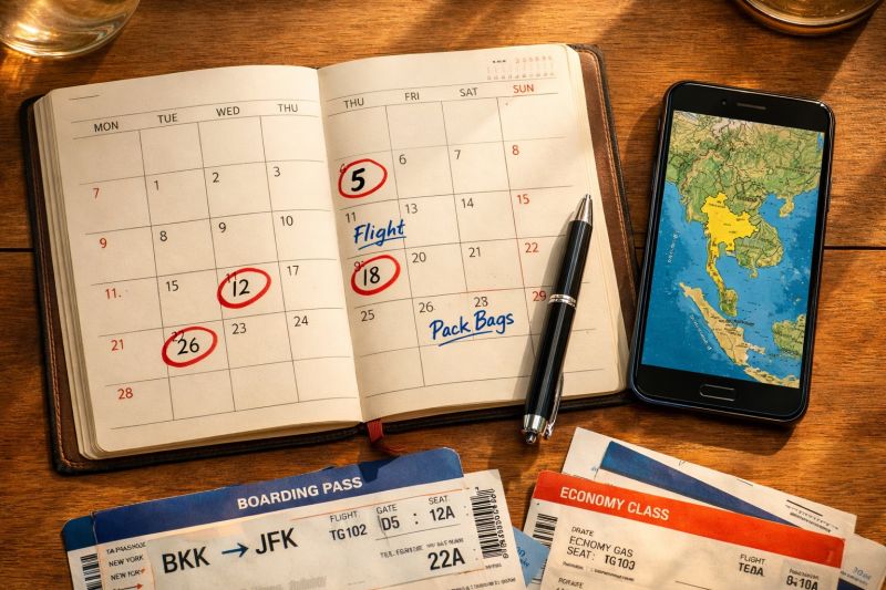 Planification de voyage en Thaïlande avec calendrier et carte