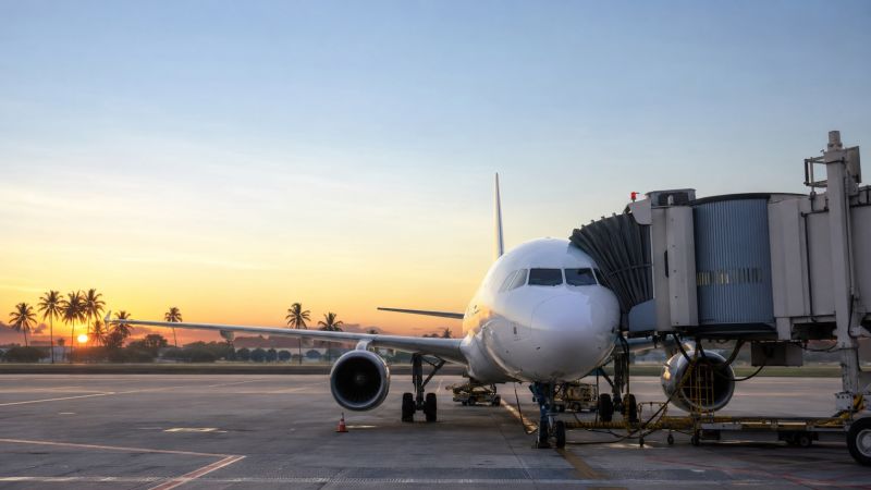 Avion court-courrier sur le tarmac d'un aéroport d'Asie du Sud-Est au coucher du soleil