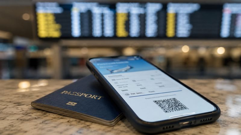 Passeport et réservation de vol sur smartphone devant le tableau des départs d'un aéroport