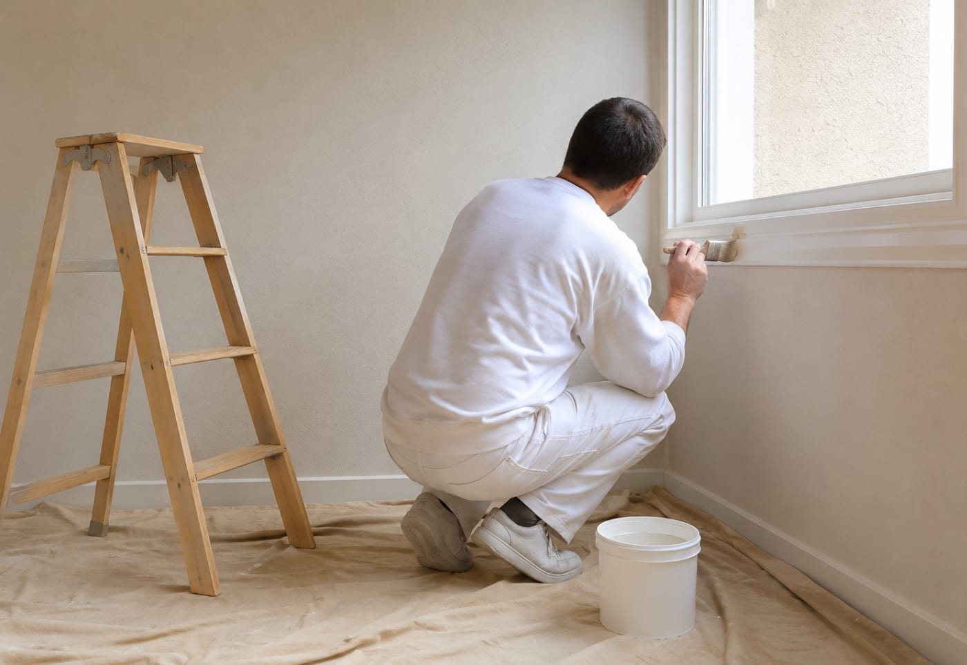 Peintre appliquant une couche au rouleau sur un mur préparé