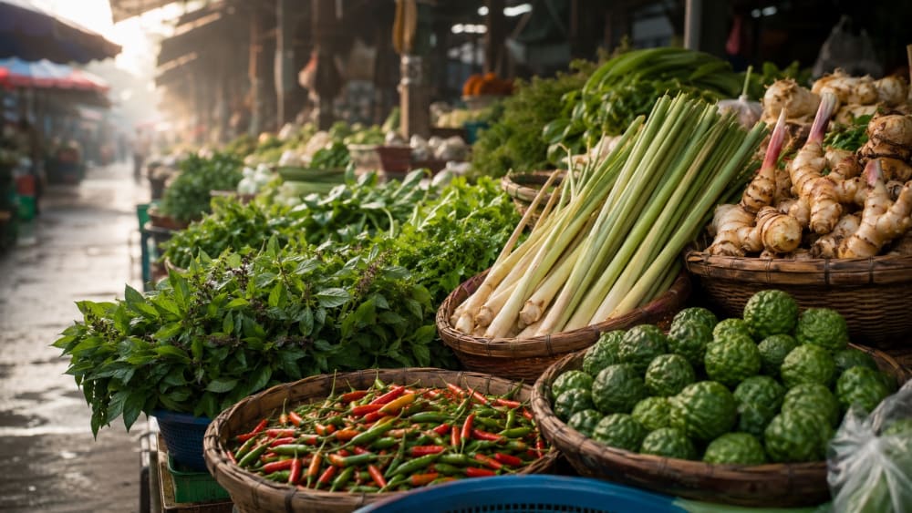Étals d'un marché thaïlandais au petit matin : paniers de basilic thaï, citronnelle, galanga, combava et piments