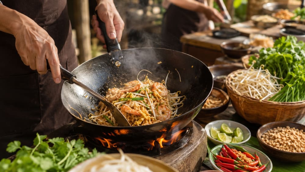 Cours de cuisine thaïe en plein air : pad thaï aux crevettes sauté au wok sur flamme vive, pousses de soja, coriandre et cacahuètes préparées à côté