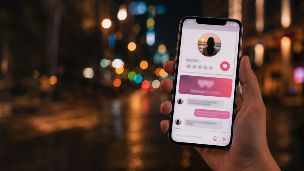 Application de rencontre ThaiFriendly ouverte sur un smartphone, le soir en ville