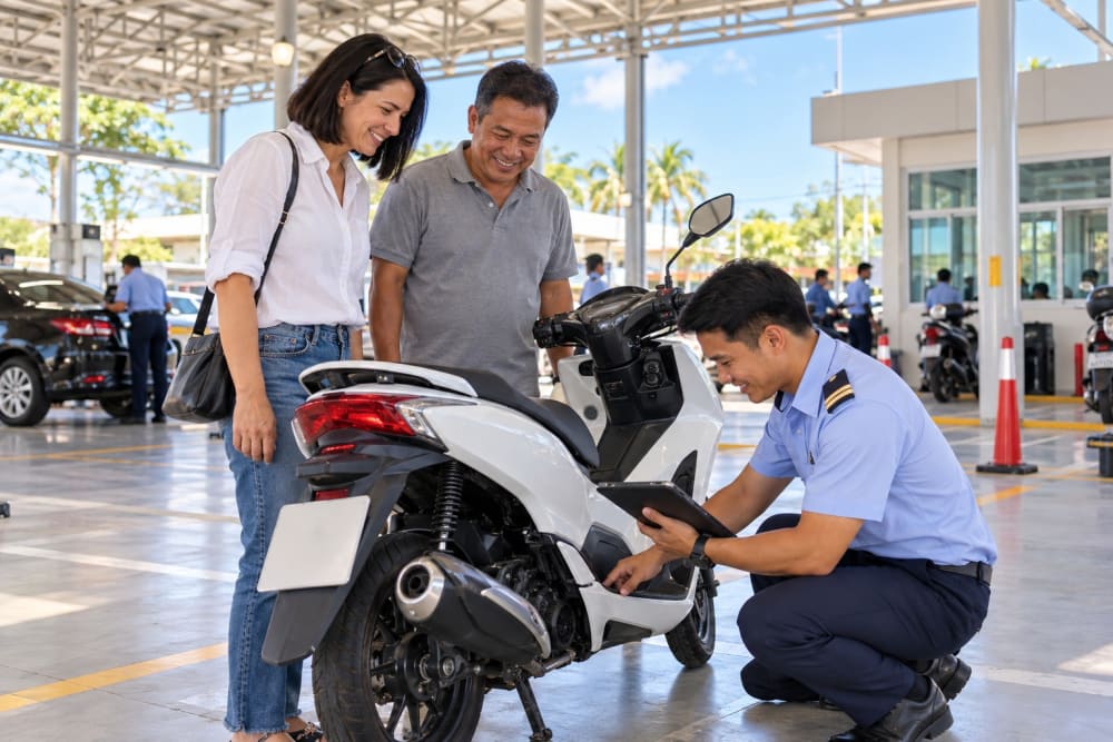 Agent des transports vérifiant à la tablette le numéro de cadre d'un scooter blanc, devant l'acheteuse et le vendeur