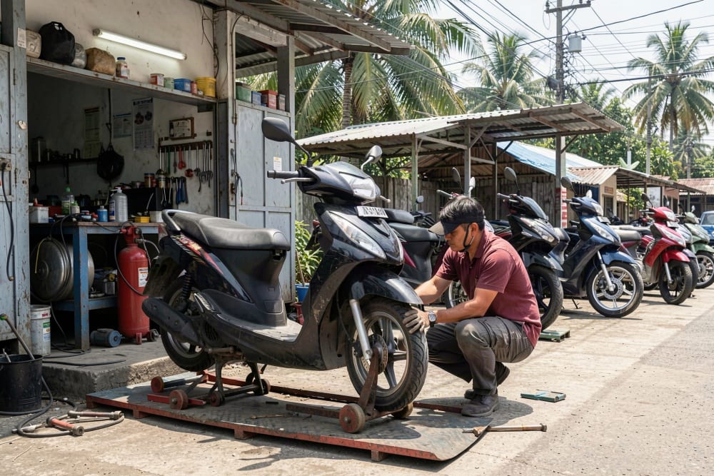 Scooter posé sur un banc à rouleaux dans une station de contrôle technique de bord de route, technicien accroupi de dos