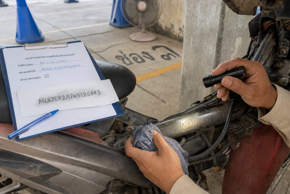 Mains d'un agent éclairant à la torche le numéro de série frappé sur le cadre d'une moto, sur une aire de vérification