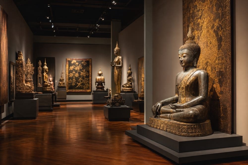 Galerie de musée à Bangkok, sculptures et œuvres d'art thaï exposées