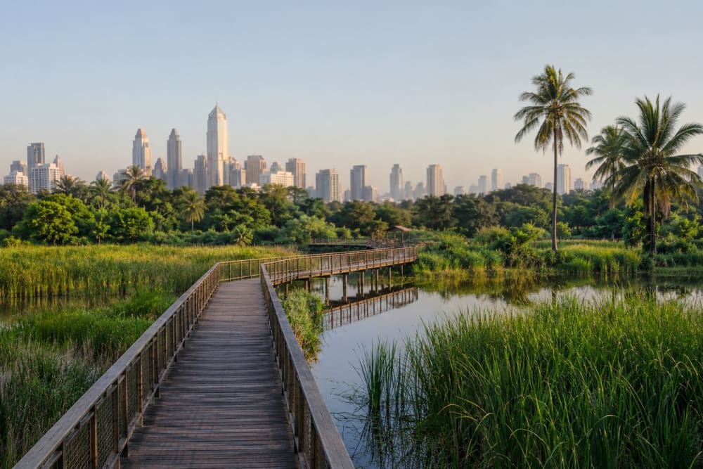 Passerelle en bois surélevée serpentant au-dessus d'une zone humide reboisée à Bangkok, gratte-ciels en arrière-plan