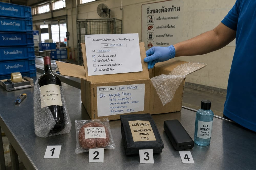 Table de contrôle postal en Thaïlande : un colis ouvert et, devant lui, les articles écartés — bouteille de 1,5 litre, saucisson sous vide, café moulu et batterie externe.