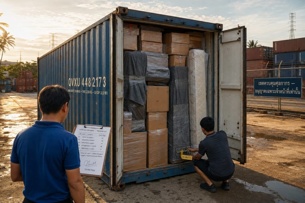 Conteneur maritime de 20 pieds ouvert dans un dépôt en Thaïlande, chargé de cartons filmés, avec un sceau numéroté et une liste de colisage sur un porte-bloc.