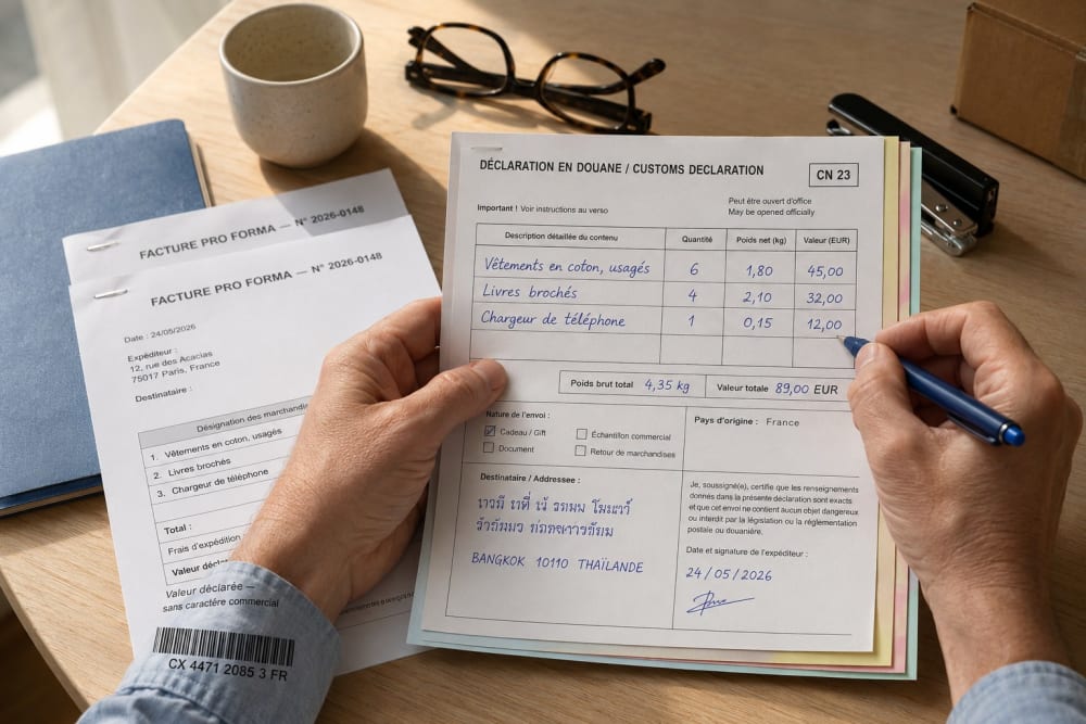 Mains remplissant une déclaration en douane CN 23 en quatre exemplaires sur une table, à côté de deux factures pro forma agrafées.