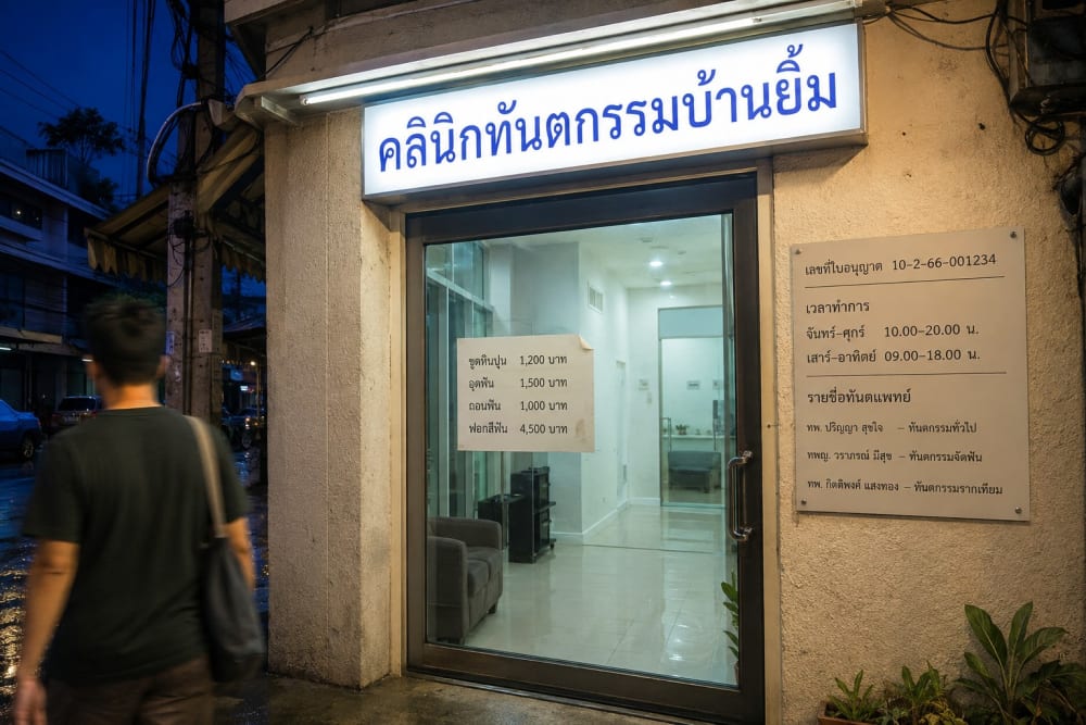 Devanture éclairée d'une clinique dentaire thaïlandaise au crépuscule, avec son panneau d'information et ses tarifs affichés sur la vitre.
