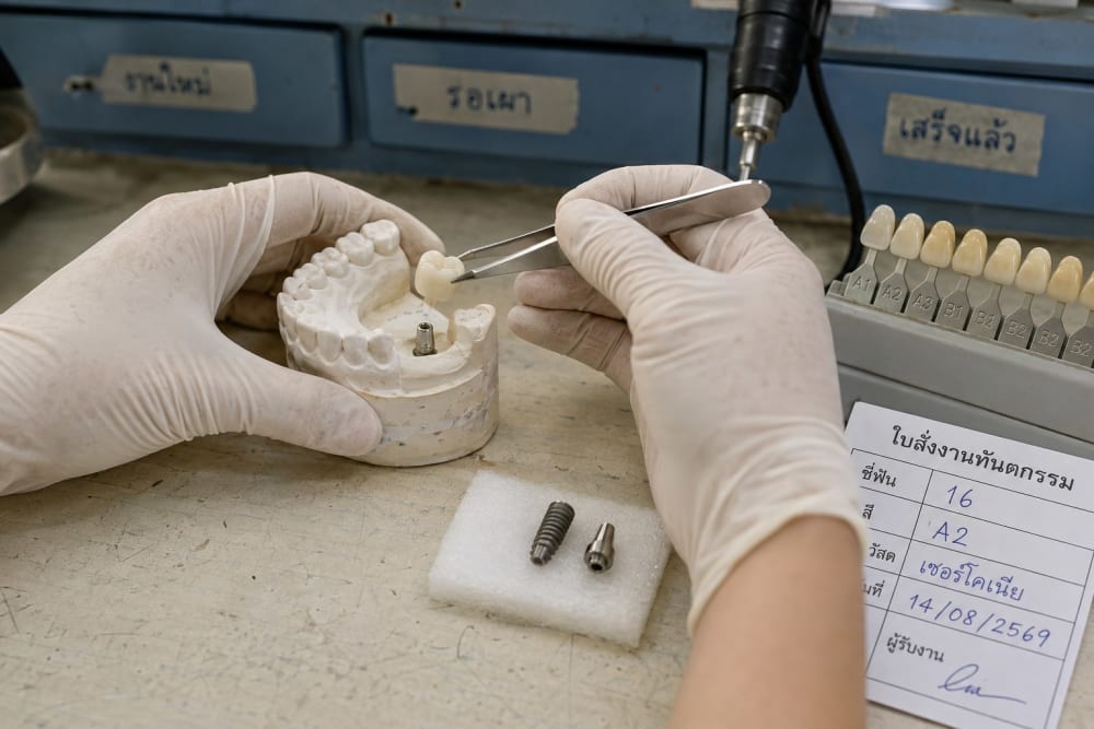 Mains gantées d'un prothésiste présentant une couronne en zircone au-dessus d'un modèle en plâtre, sur l'établi d'un laboratoire dentaire.