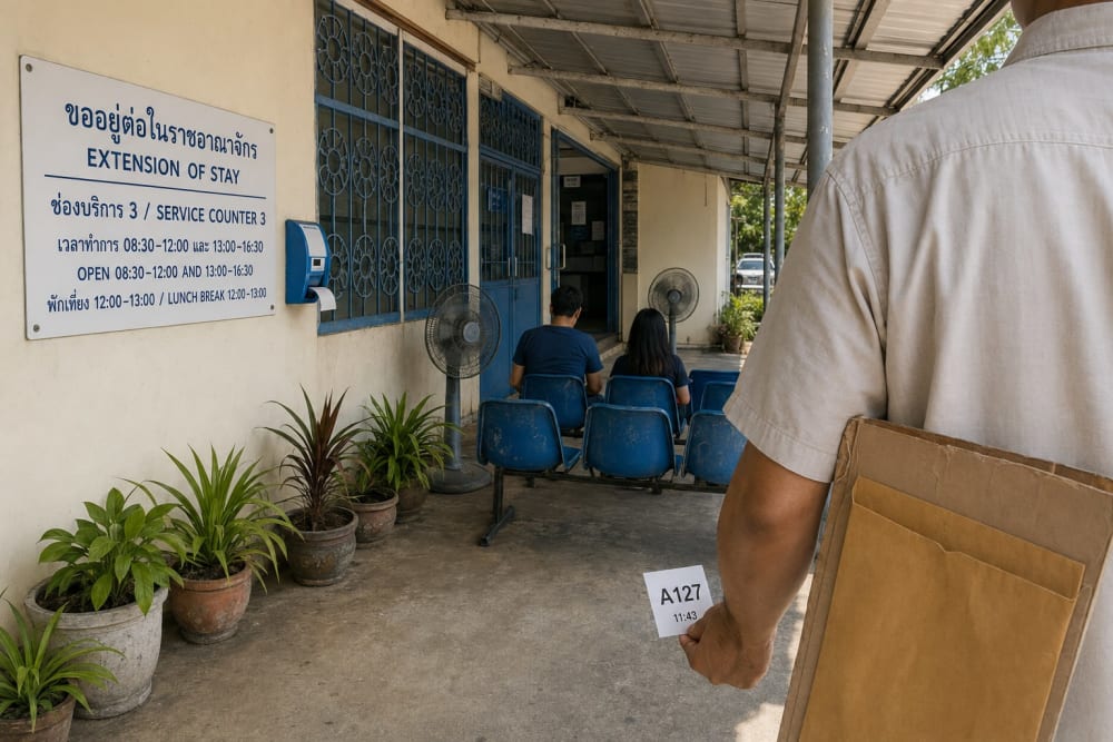 Sous l'auvent d'un bâtiment administratif de province, une personne de dos tient un dossier cartonné et un ticket numéroté.