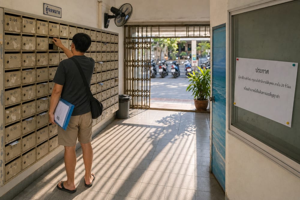 Mur de boîtes aux lettres numérotées dans le hall d'un immeuble résidentiel thaïlandais, avec un panneau d'annonces