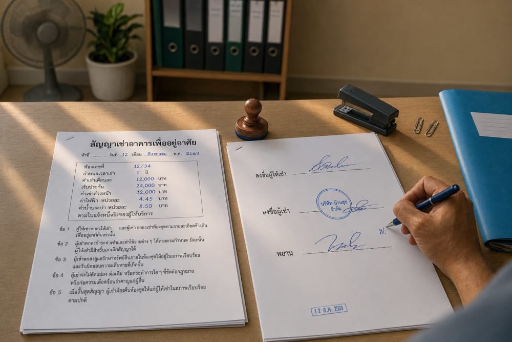 Deux exemplaires d'un contrat de location thaïlandais signés et tamponnés sur le bureau d'un gestionnaire d'immeuble