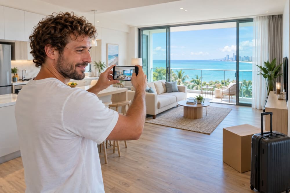 Locataire photographiant le séjour de son appartement le jour de l'emménagement, valise et carton près de l'entrée, balcon avec vue sur la mer à Jomtien